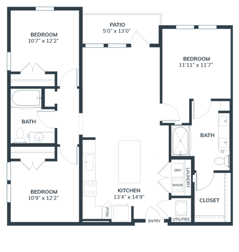 Floor plan for 3 beds, 2 baths, 1191 sqft